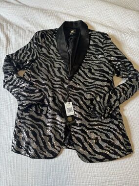 Sequin Zebra-Pattern Blazer Jacket in Black & Silver